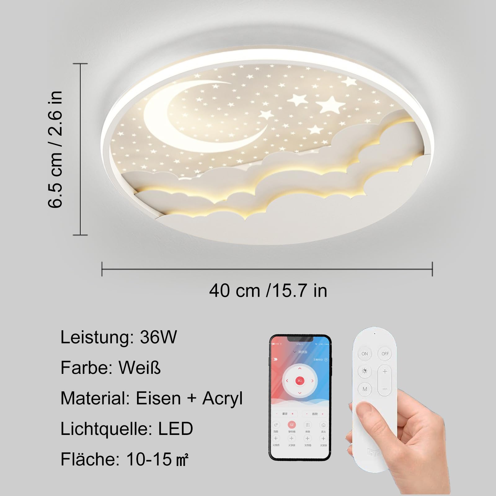 Lampara de Techo Infantil LED, Lámpara de Techo Creative Star and Moon, Lampara Techo Dormitorio 3000K-6000K Regulable con Control Remoto, Luz de techo para Dormitorio de Niños y Niñas, Blanco,40cm