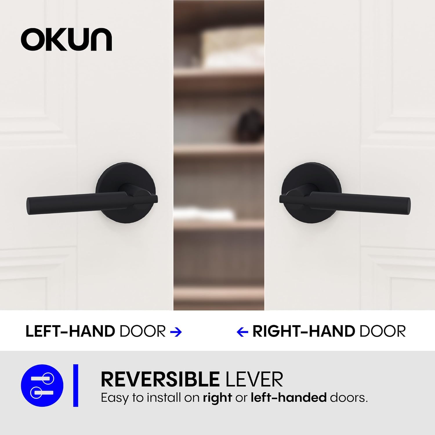 Okun Terra Dummy Door Handle – 2 Pack, Reversible, Non-Turning Lever for Closet, Pantry, or Hallway Doors – Matte Black Finish