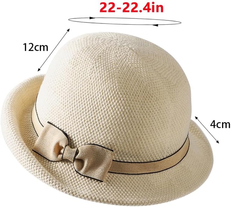 Women Straw Cloche Sun Hat Summer Church Hat Retro 1920s Round Beach Bowler Bucket Hats UPF 50+ Rolled Brim Travel Cap