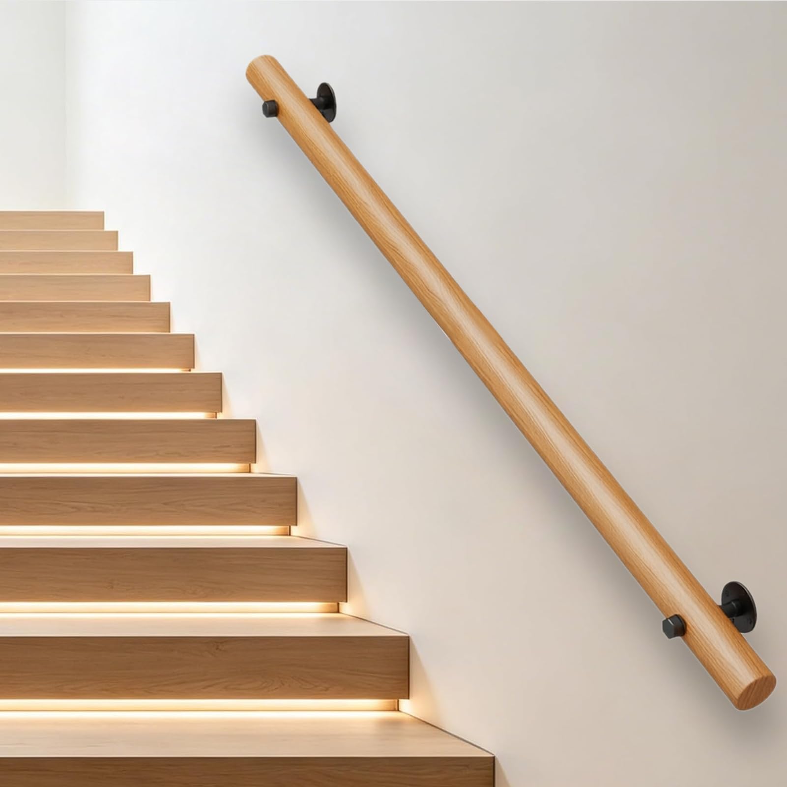 Modern Banister Hand Rails, Indoor/Outdoor Wooden Staircase Handrail - Round Handle Support Rod(4.6ft/140cm)
