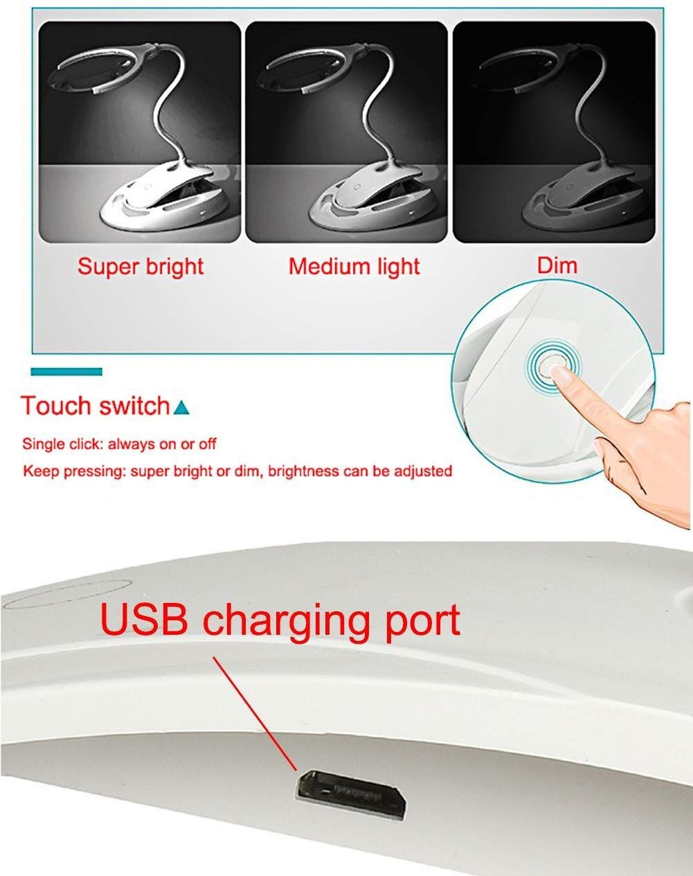 Lámpara con Lupa Y Pinza: Lente Led Regulable, Luz De Trabajo con Brazo Giratorio Ajustable De 3X A 8X, Lupa De Escritorio.