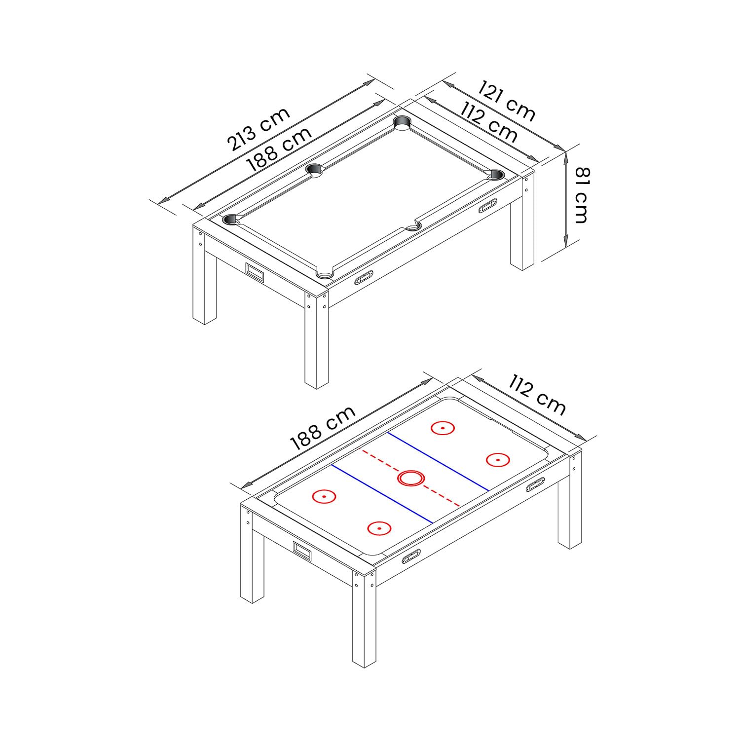 Billard multijeu 7 FT rouge avec Air Hockey + Tennis de table - Strike