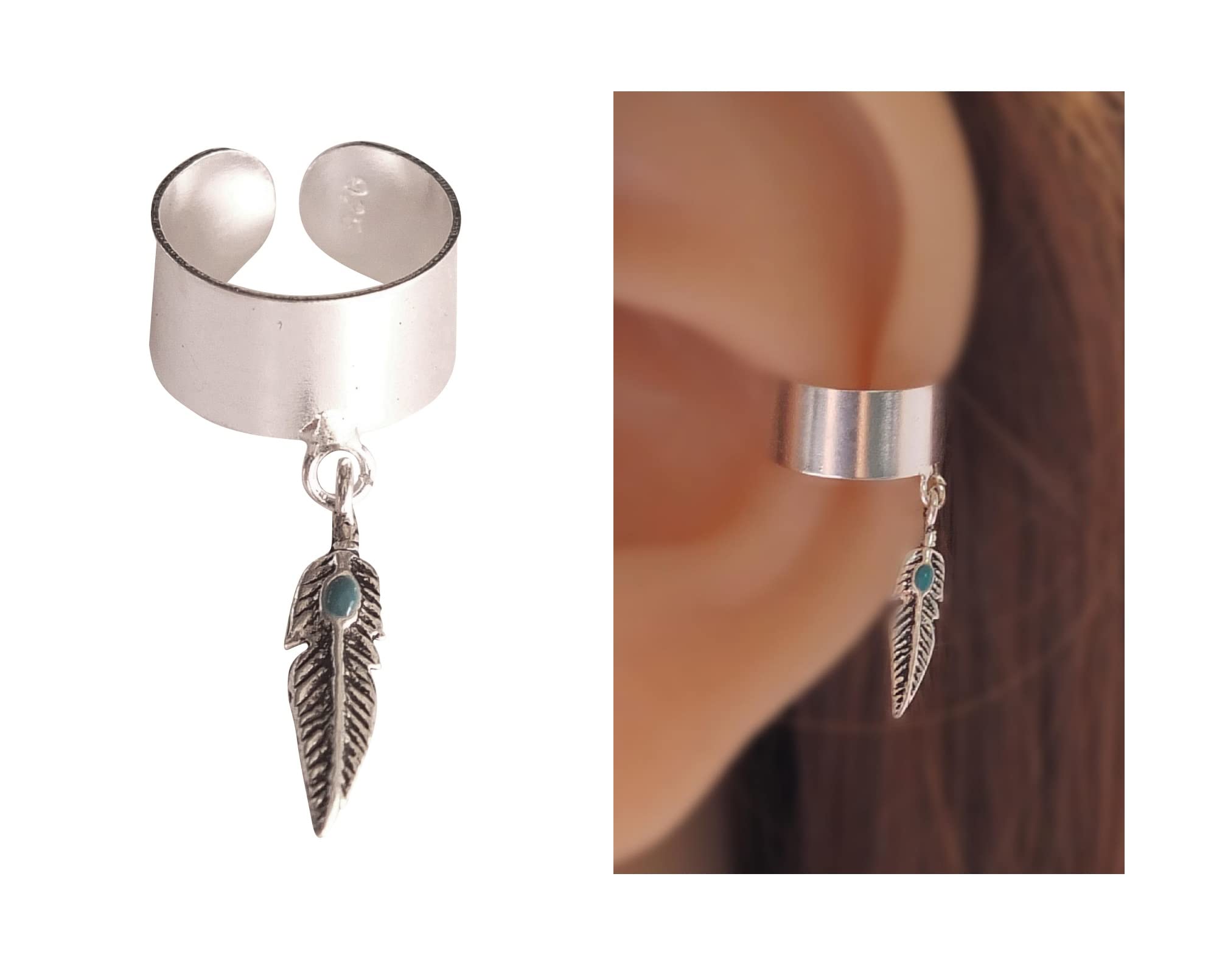 925 Sterling Silver SINGLE - For ONE Ear - Triple/Wide Band Feather Stone Ear Cuff for Non-Pierced Ear for Women | Handmade by MiYa Jewelry Creations (Wide Band and Feather)