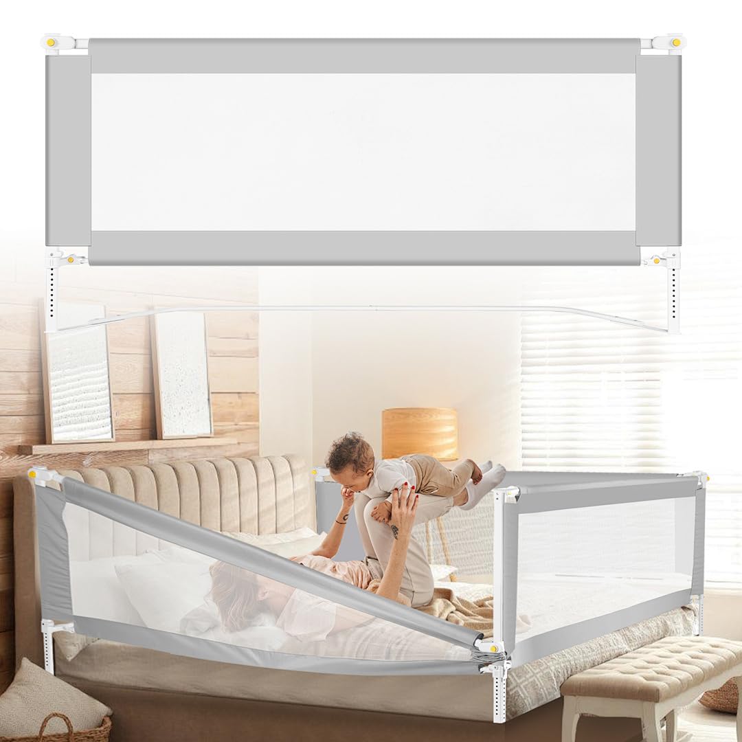 Jaxguom Bettgitter für Kinder, Bettschutzgitter, höhenverstellbar (68 – 95 cm), Bettgitter Gegen Stürze, Stabil und Langlebig, Einfache Montage (Grau, 150cm,1Seite)