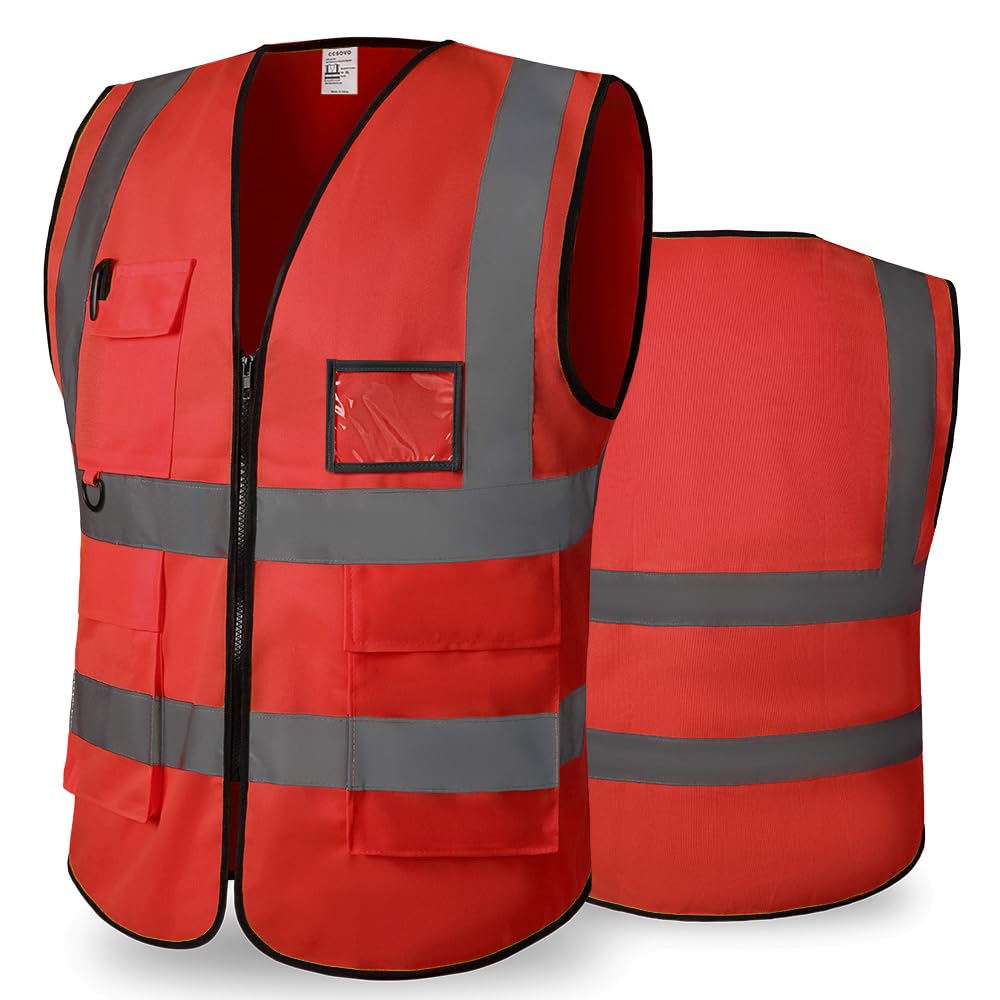 CCSOVO Hi Vis Vest with 5 Pockets and Zip, Unisex High Visibility Reflective Safety Waistcoat for Construction Warehouse Cycling Running and Outdoor Work โ image 1