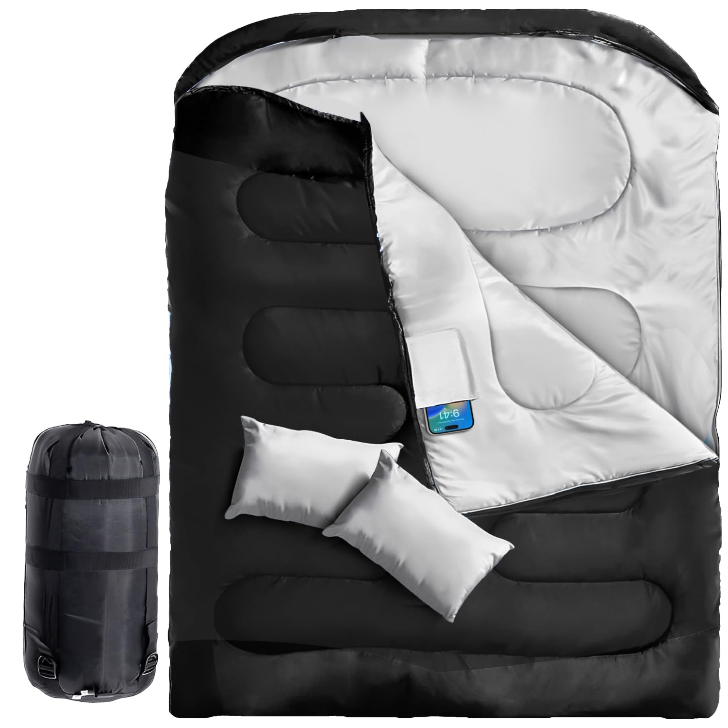 Maraiss King Size Sleeping Bags for Adults 2 Person Sleeping Bag with Pillow 4 Season Waterproof Camping Sleeping Bag for Hiking Backpacking & Outdoor Use Black
