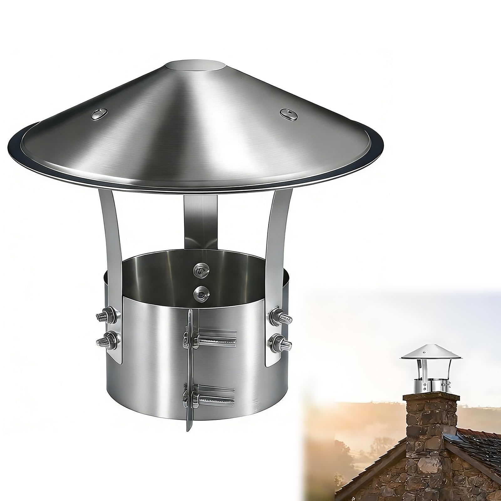 WHOROB Chimney Cap 201 Stainless Steel Chimney Cover, 3" 4" 5" 6" 7" Round Roof Rain Cap, Roof Rain Covers Stove Pipe Topper，Wood Stove Fireplace Exhaust Cowl，Flue Exhaust Cover(100mm/3.9in)
