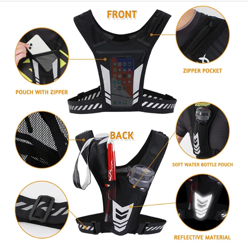 Veste de Running Porte-Téléphone, Zip Reflective Vests Holds 1000ml Water Bottle,Adjustable Waistband & Breathable Materials, Chest Gear for Men/Women, Running Or Cycling
