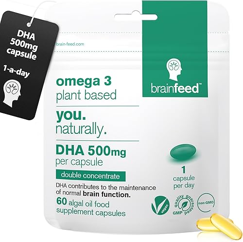 Omega-3 vegano (60) Doble concentrado DHA 500mg por cápsula. Salud cerebral y ocular certificada por la UE 1 al día Aceite de algas Omega3