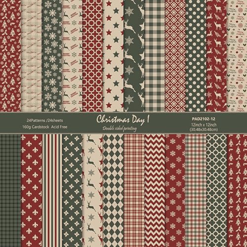 MIATTCLD Scrapbook Paper Winter Patterned Paper for Scrapbooking, 24 Sheets Double Sided Colorful Holiday Decorative Craft Papers for Junk Journals Greeting Cards Decoration (A, 12x12 IN)