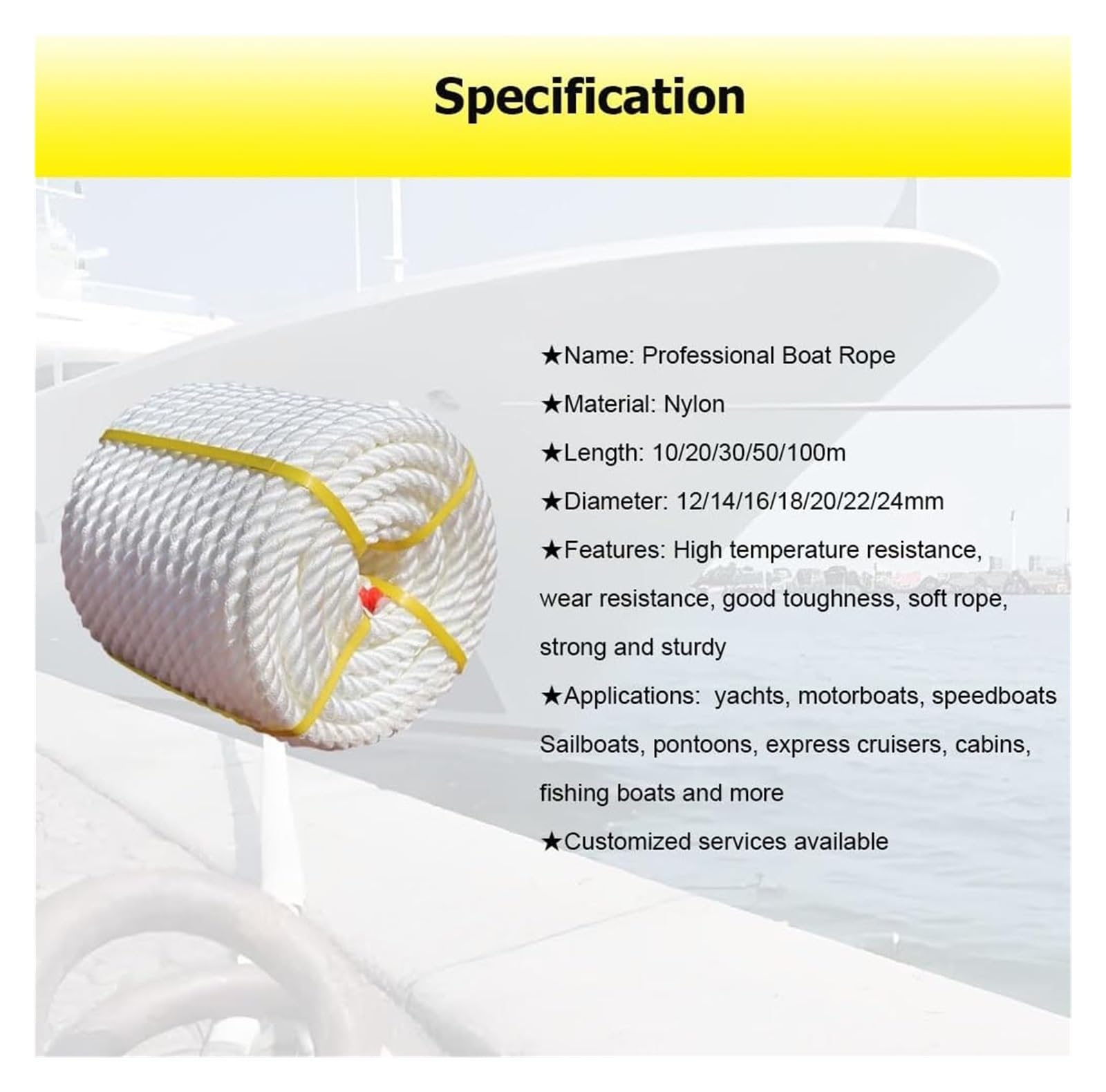 Corda intrecciata in nylon per ormeggio, Cima da ormeggio in nylon a 3 fili for la nautica diporto con lunghezze 10 a 100 m(12mm/0.47",50m/164')