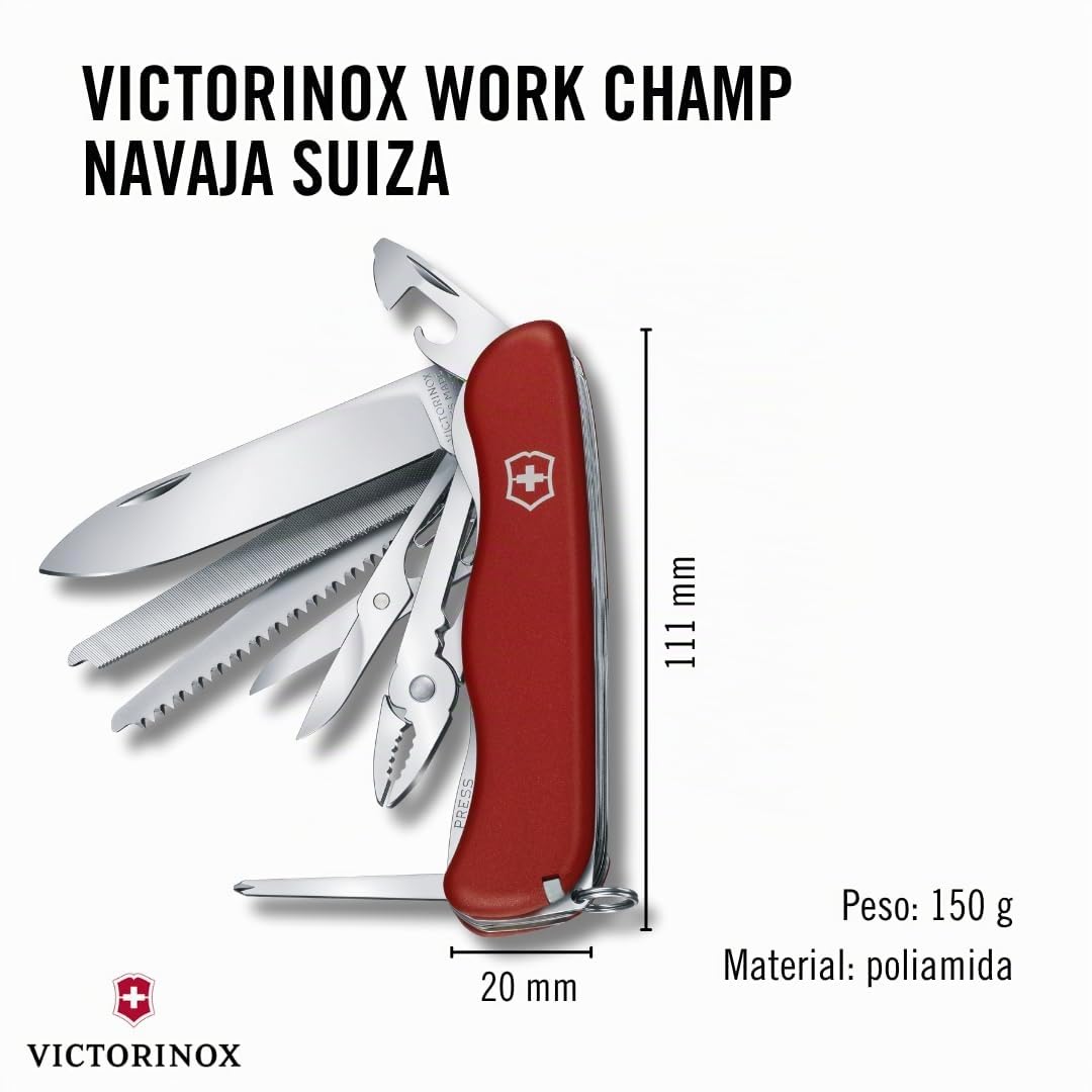Victorinox Navaja suiza de bolsillo Work Champ, 21 funciones, multiherramienta con hoja bloqueable, alicate, sierra para metal, rojo