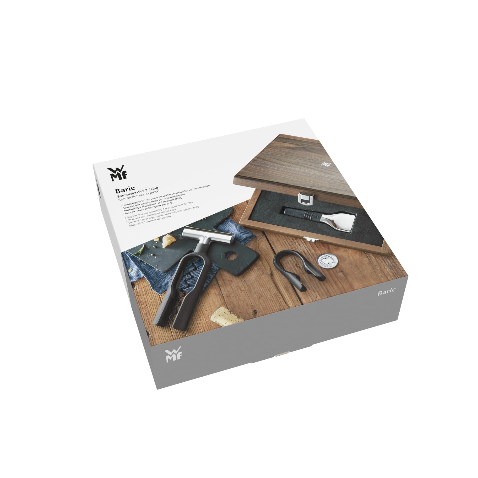 WMF Baric Wein Sommelier Set 3-teilig, Korkenzieher Set, Wein Zubehör, Folienschneider, Flaschenverschluss, in Walnussholzbox, schwarz