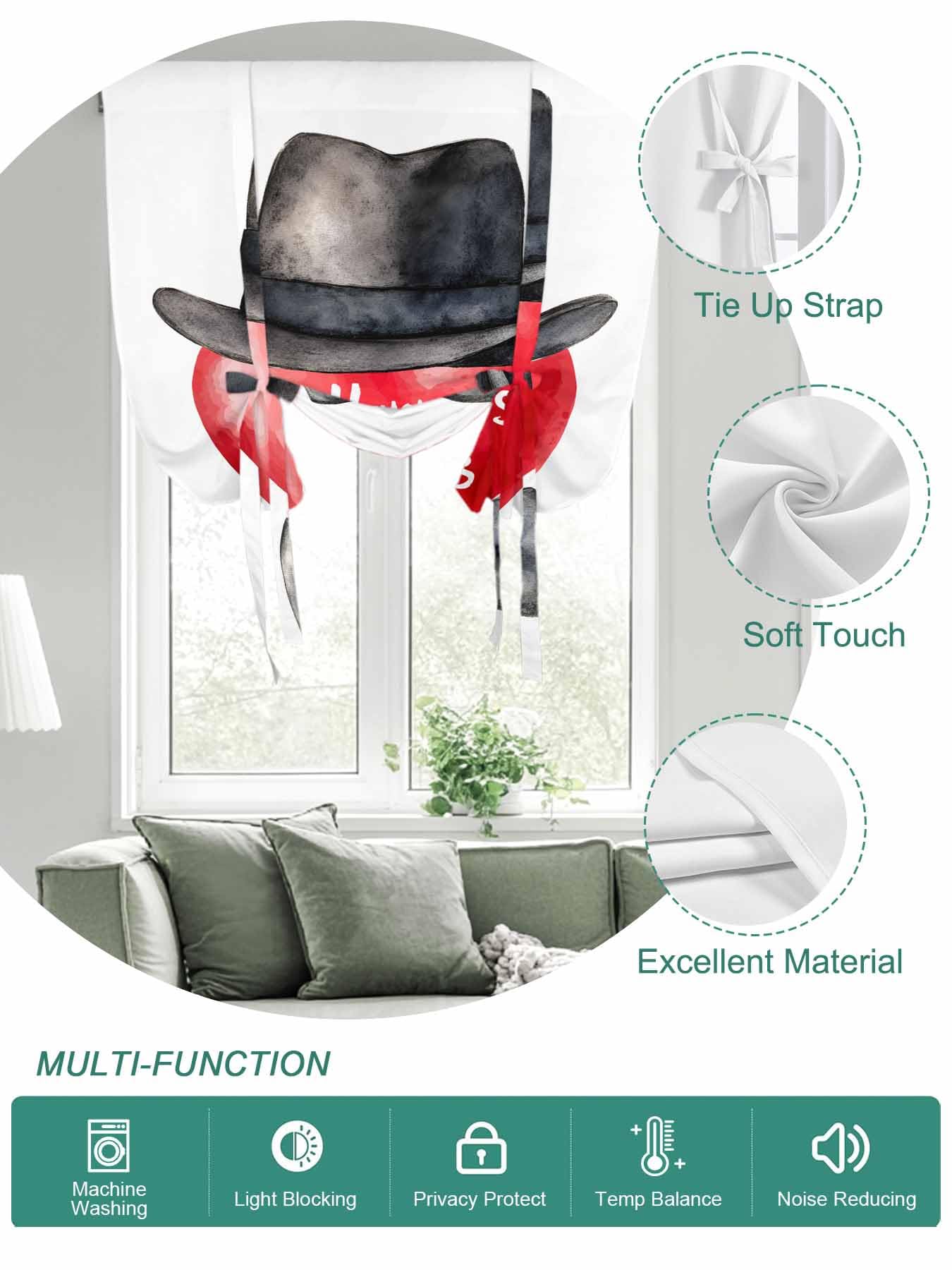Tie Up Curtains for Windows Happy Father's Day Roman Shade 46 x 63 Inch Bathroom Curtains Window Love Heart Watercolor Bow Rod Pocket Short Balloon Curtains for Living Room Kitchen Small Blinds