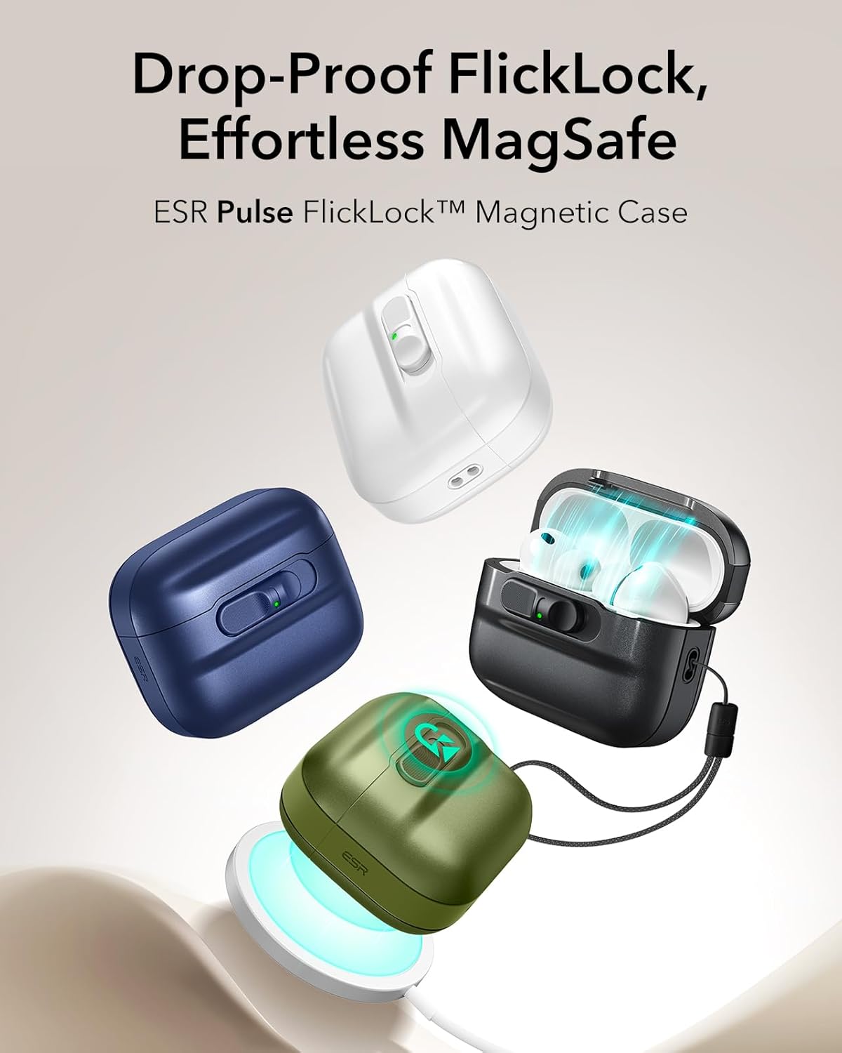 ESR for AirPods Pro 3 Case (2025), Compatible with AirPods Pro 3 (USB-C Cable), MagSafe Ready, Magnetic Lid Lock, Full Drop Protection Cover with Lanyard, Green