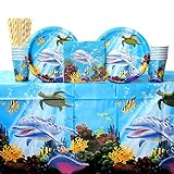 Ocean Party Tableware Supplies Bundle for 16 Guests: Straws, Dinner Plates, Luncheon Napkins, Cups, and Table Cover