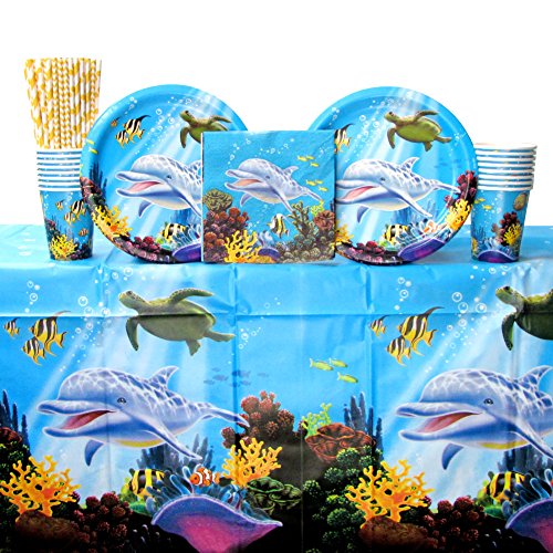Ocean Party Tableware Party Supplies Pack for 16 Guests | Straws, Dinner Plates, Luncheon Napkins, Cups, and Table Cover | Perfect Ocean Décor For Your Under The Sea Party | Dolphins, Sea Turtles