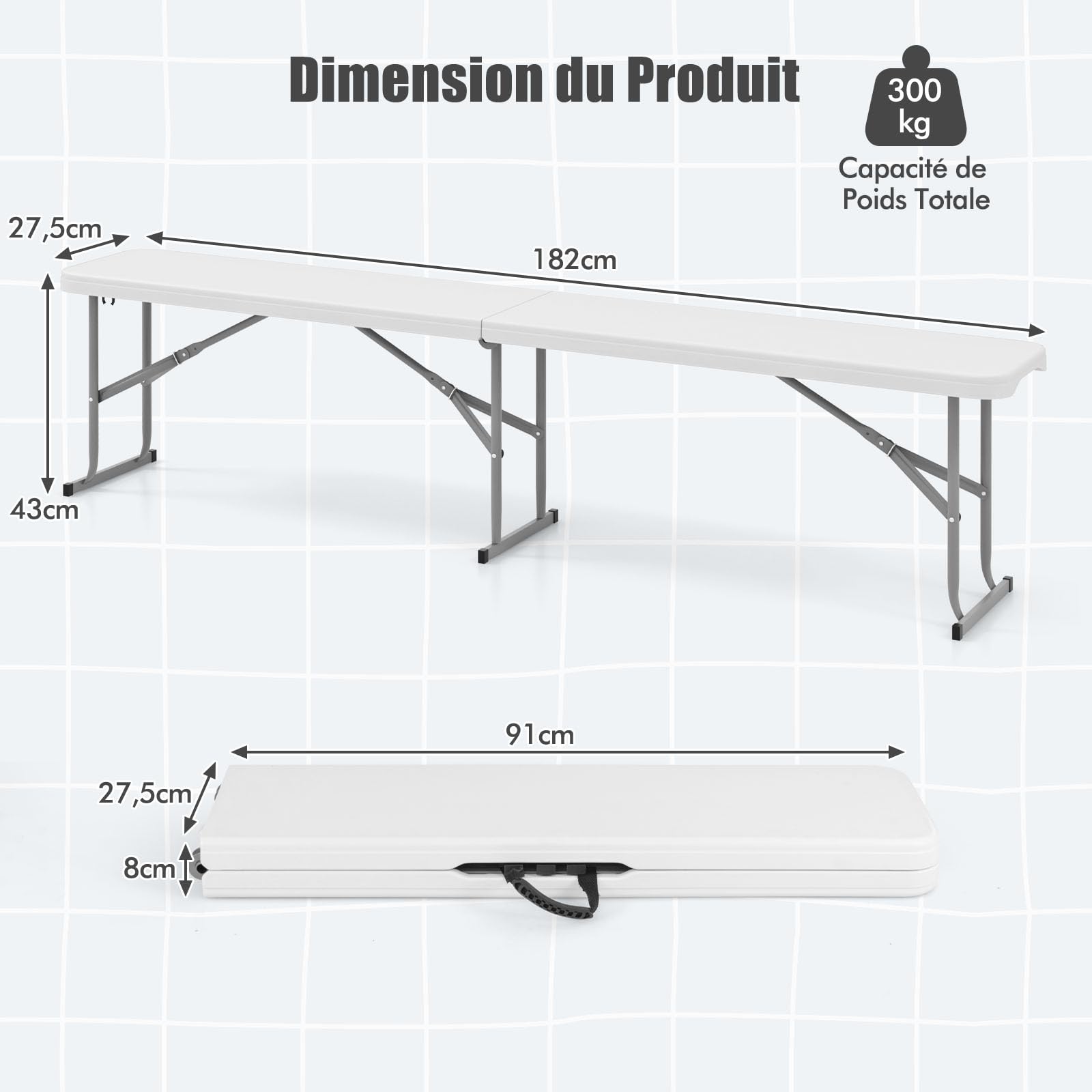 COSTWAY Banc Pliable à 3 Places en HDPE, Charge 300 kg (Blanc)