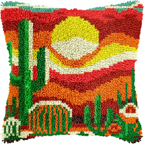 Image of veirousa Desert Scene Latch Hook Kits for Adults Kids Beginners, Cactus Sunset Latch Hook Pillow Kit Pre-Printed Latch Hook Rug Kits Cross-Stitch Cushion for Home Sofa Decoration 17x17 in. Craft Gift
