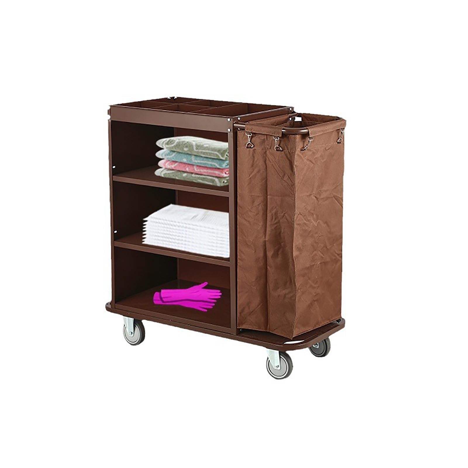 Carrello per Pulizie Commerciale Tradizionale a 3 Ripiani con Borsa per uffici, Hotel e Appartamenti, Colore Marrone.