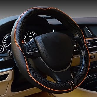 Car Steering Wheel Cover, Anti-Slip, Safety, Soft, Breathable, Heavy Duty, Thick, Full Surround, Sports Style (Black with Light Orange Line)