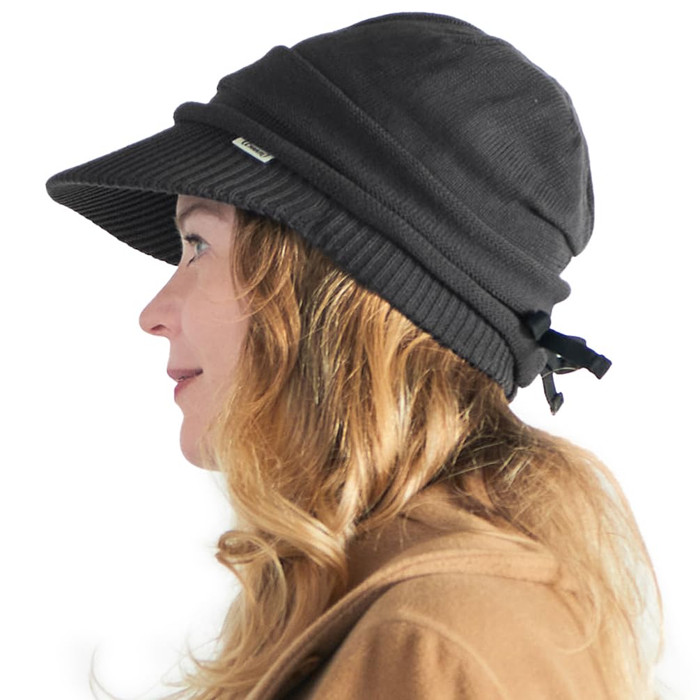 Charm Men's Dark Grey Organic Cotton Slouchy Visor Beanie - Wo Slouch Hat Baggy Knit Chemo Hat