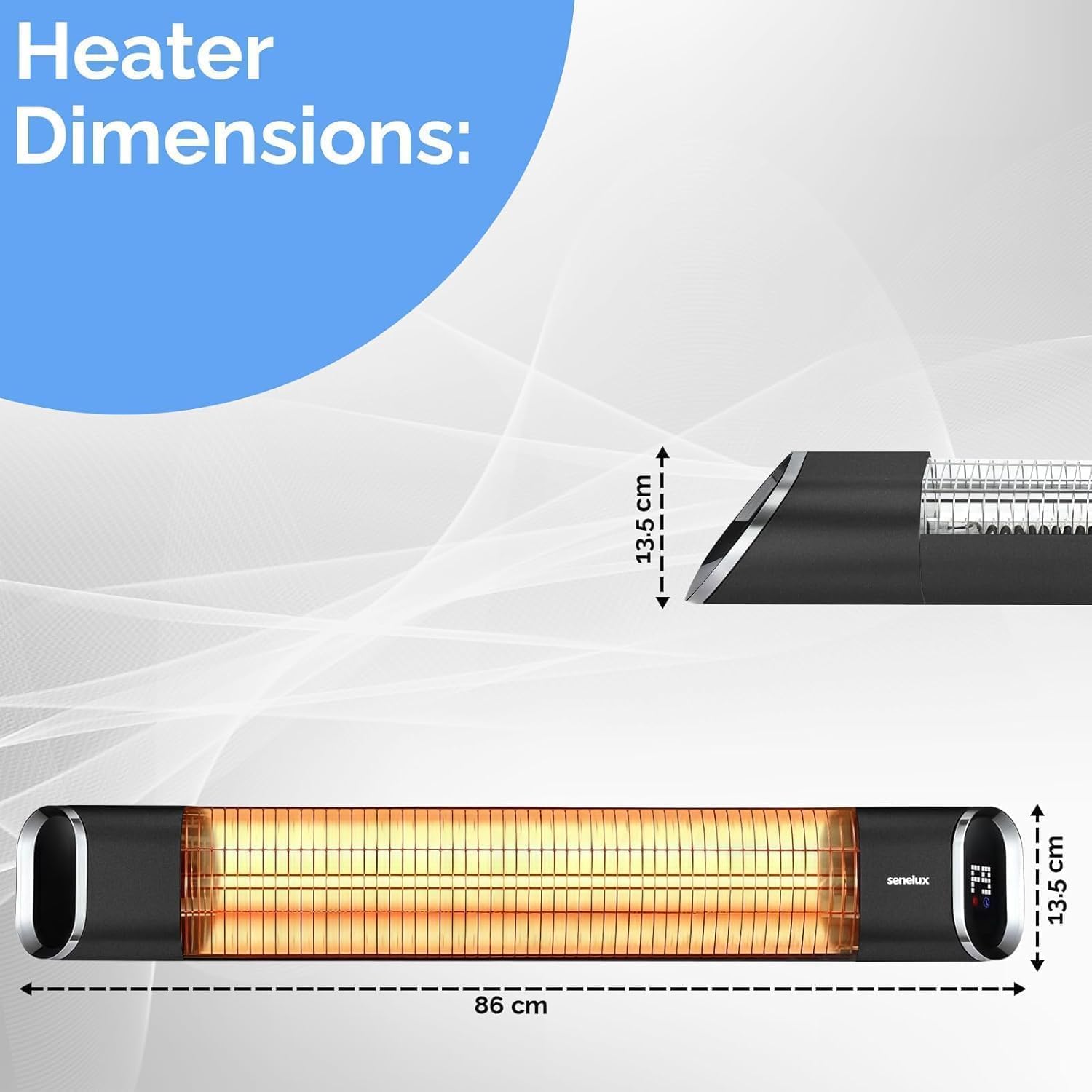 Calefactor de Patio Eléctrico Infrarrojo Senelux Montado en Pared 2000W | Calefactor IP65 Resistente al Agua para Uso en Interiores y Exteriores | Control Remoto | Temporizador Ajustable y 9 Niveles d
