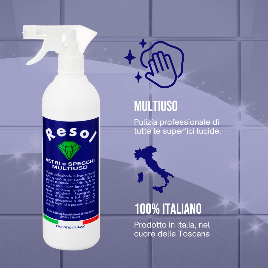 RESOL Spray vetri 750ml Detersivo vetri Igienizzante professionale Detergente vetri azione antipolvere