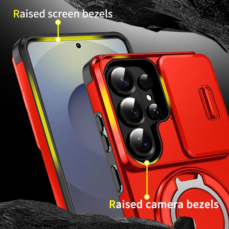 Image of LuxuryKase Shockproof Rugged Case for Samsung Galaxy S26 Ultra | Slide Camera Cover | 360 Rotating Ring Kickstand | Military-Grade Protection - Cherry Red