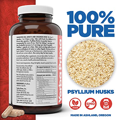 Yerba Prima Psyllium Husks Veg Caps, 400 Capsules (625Mg) - Vegan, Non-Gmo, Gluten Free, Colon Cleanser, Daily Fiber Supplement For Gut Health & Regularity #TOP1