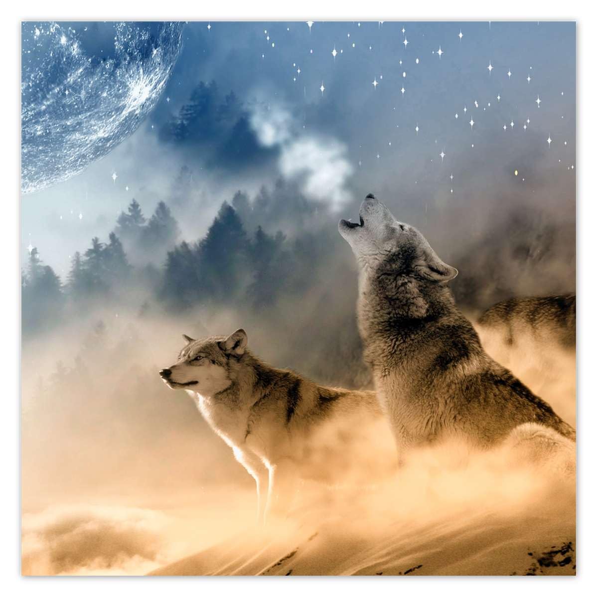 Papier peint intissé loup hurlant à la lune 208x208 cm pour salon