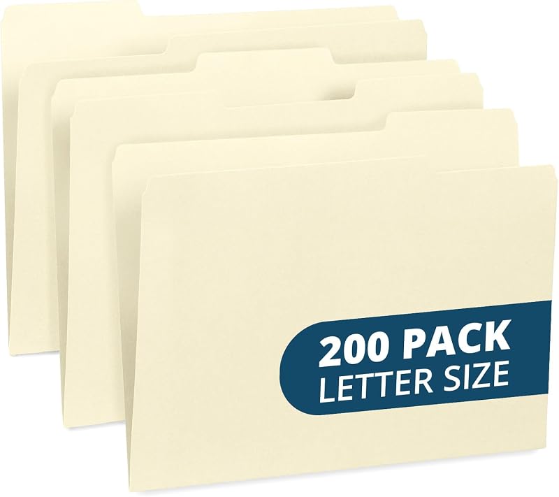 Blue Summit Supplies 200 File Folders, Letter Size, 1/3 Cut Tab, Manila | Durable 11pt Uncoated Paper, 1/3 Cut Top Tab, Assorted Tab Positions, for Office, School, and Home Filing