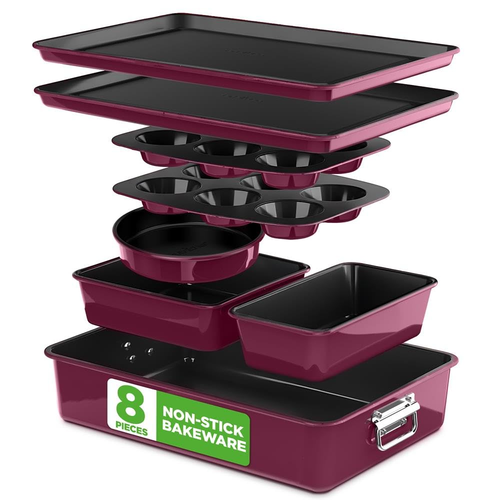 NutriChef Nonstick Stackable Bakeware Set, 8-Piece, Plum