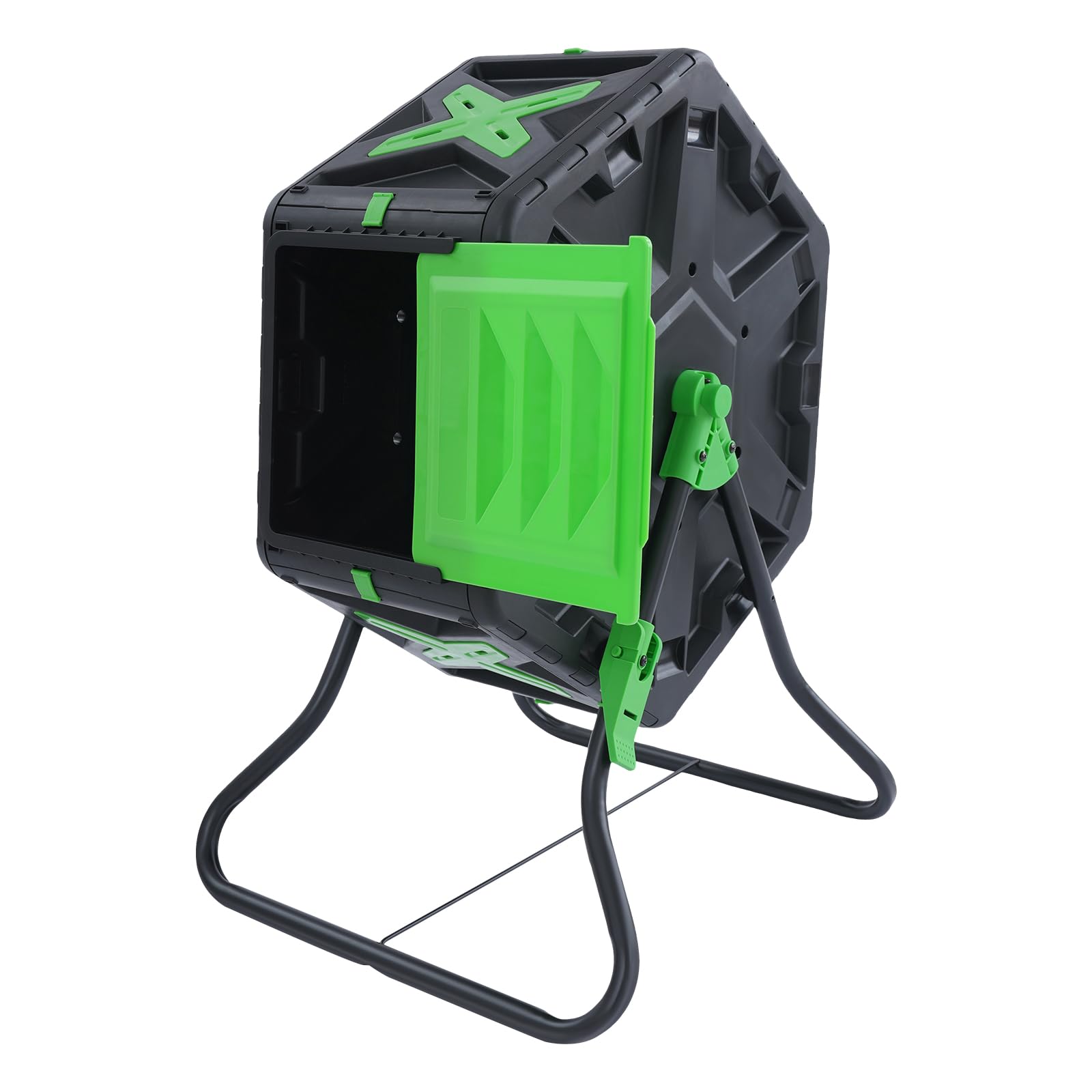 Compostador de jardín de 70 litros de polipropileno y hierro, giratorio 360°, con puerta corredera lateral y orificios de ventilación, compostador rápido para residuos de cocina y jardín, resistente a