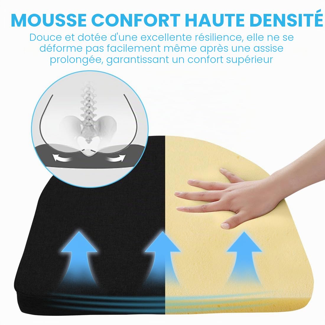 Lot de 2 coussins de chaise - 43 x 42 x 5 cm - En mousse haute densité - Coussin d'assise confortable pour l'intérieur et l'extérieur - Pour jardin, balcon, salle à manger, salon - Noir