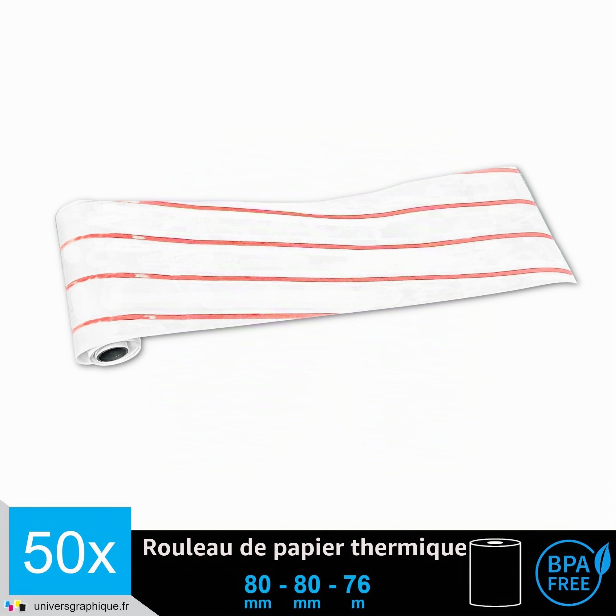 50 bobine thermique pour tickets de caisse et imprimante thermique pour Caisse enregistreuse compatible Casio, Olivetti et imprimante thermique compatible EPSON comme TM-H6000 III largeur 80 mm