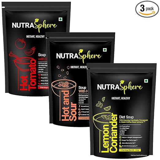 Tomato, Diet Lemon Coriander, Hot n Sour High Protein Soup Packet Combo (Instant, Preservative Free, No MSG, Sugarfree, Gluten Free)- 5 Sachet Each