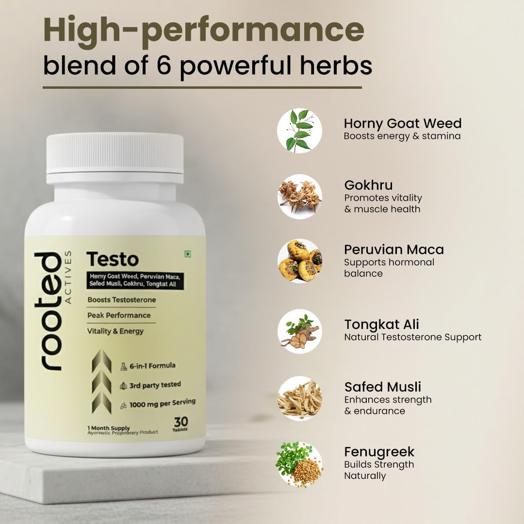 Rooted Actives Vitality Blend for Men | Horny Goat Weed, Maca, Safed Musli, Tongkat Ali, Gokhru & Epimedium | Energy, Strength & Stamina Support | 30 Herbal Tablets - Image 2 thumbnail