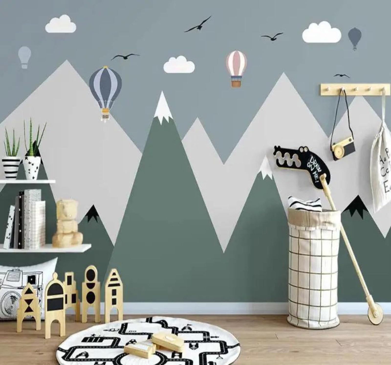 Tzxztt 350Cm×256Cm(B×H) Hand Drawn Fresh Geometric Mountain Peaks Hot Air Balloons Modern 3D Wallpaper Premium Textured Silk Neutral Tones Material Ideal For Living Room Bedroom-350Cm×256Cm