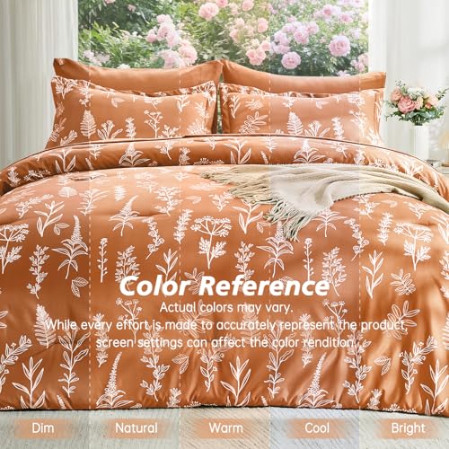 Image of MUXHOMO Burnt Orange Full Comforter Set, Elegant Floral Print Bed in a Bag 7 Pieces, Ultra Soft & Breathable Reversible Botanical Pattern Bedding Set with Comforter, Sheets, Pillowcases, and Shams