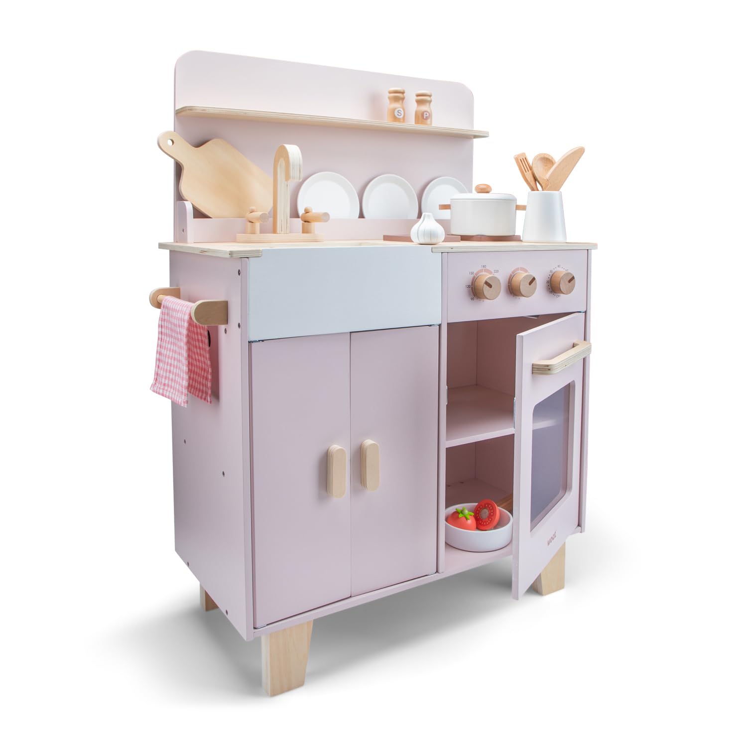 Woet® Cocina de Juguevo en Madera Beige para Niños - con Horno, Fregadero y Accesorios - Set de Cocina de Imitación - A Partir de 3 Años (Rosa)
