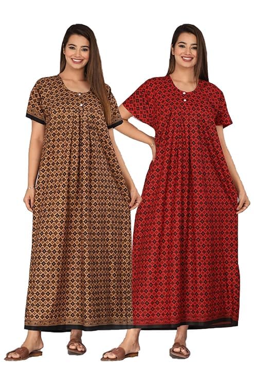 YUKATANighty for Women Cotton Printed Maxi Gown Ankle Length Nighty Night Dress Gown for Women Maxi - Free Size (Pack of 2)