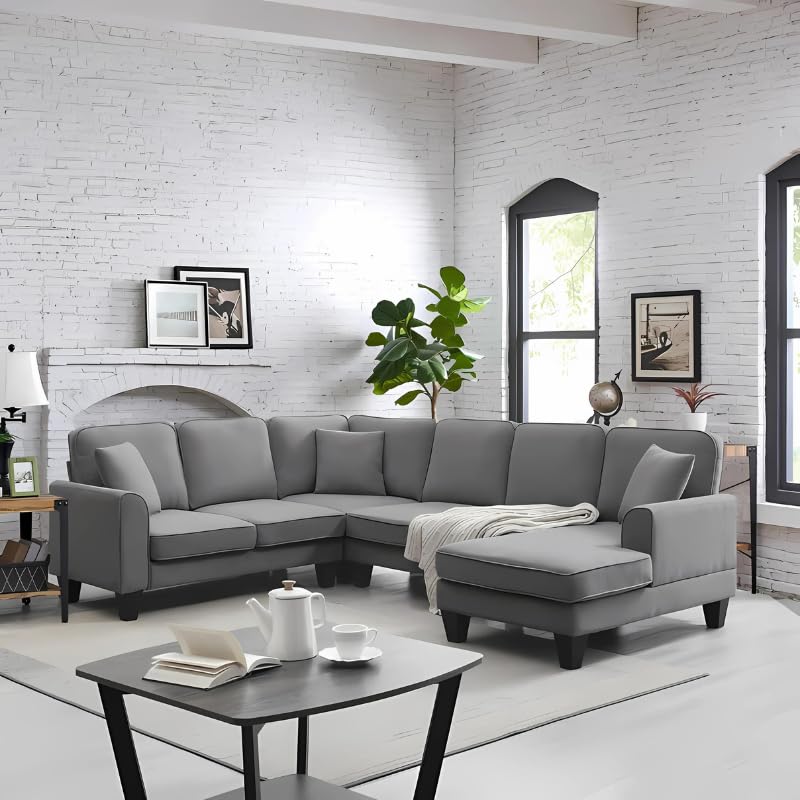 Cozyheaven Aiert 7 Seater Fabric U-Shaped Sectional Sofa Set for Living Room (Dark Grey)