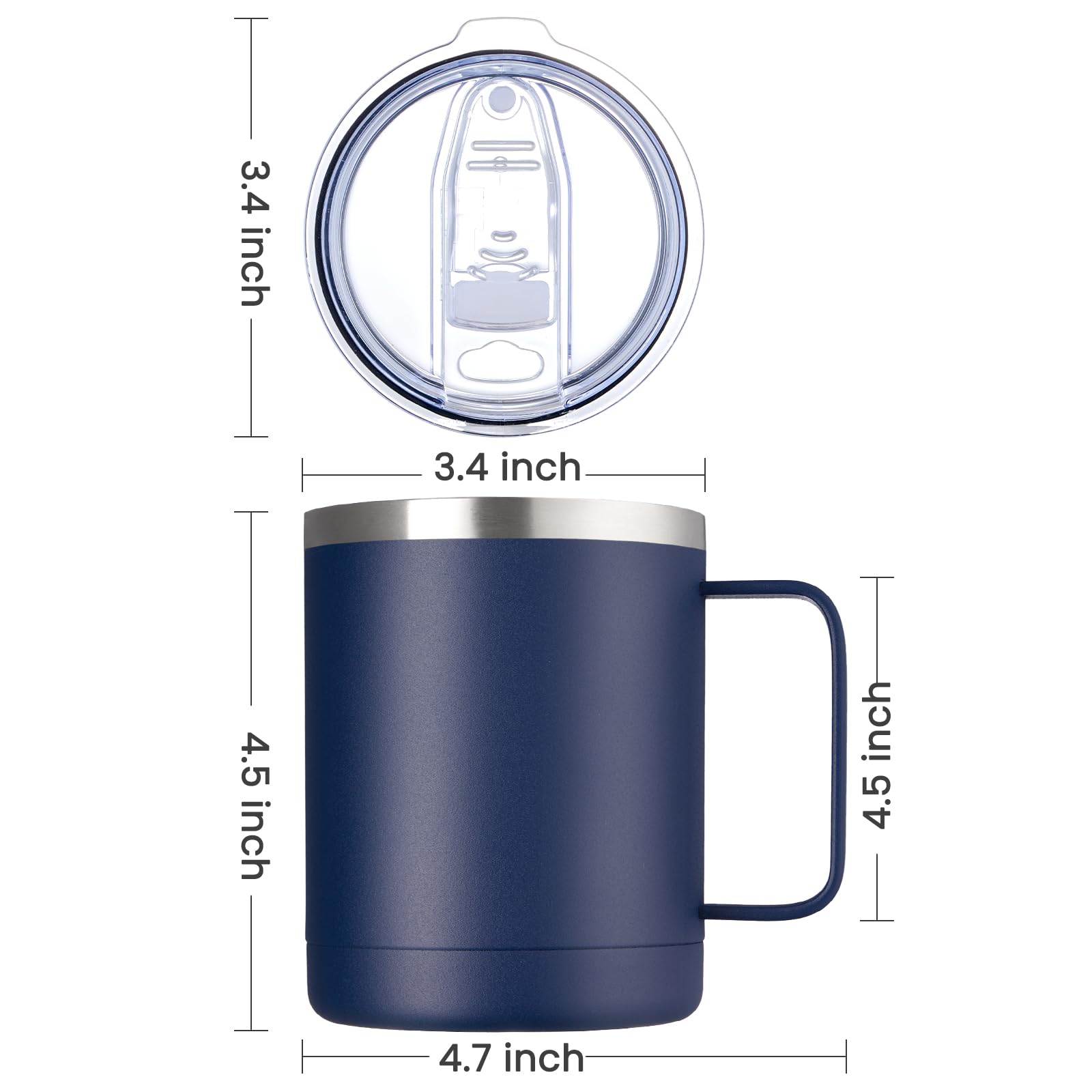 MEWAY Kubek do kawy 350 ml z uchwytem, 4 sztuki, izolowane kubki podróżne ze stali nierdzewnej z przesuwaną pokrywką, próżniowy kubek kempingowy z podwójną ścianką do gorących i zimnych napojów herbaty (granatowy, zestaw 4 szt.)