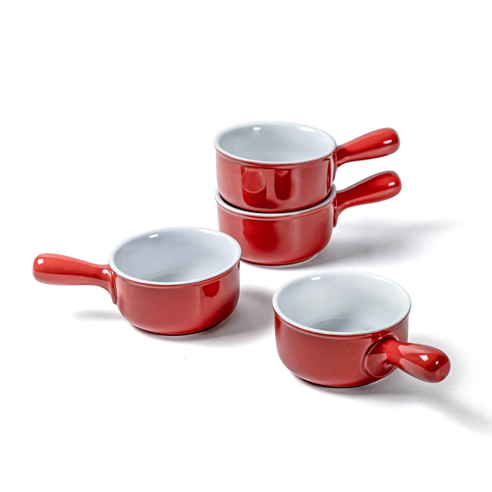 UNICASA Juego de 4 Tazones de Sopa con Asa, Tazón de Cebolla Francesa de 400ML, Tazón de Porcelana para Sopa para 4 Personas - Rojo, 4 x 400ml