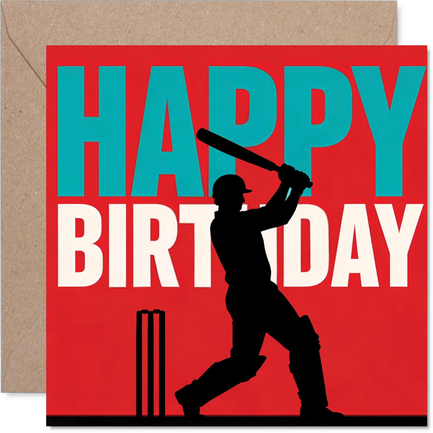 Playful Birthday Card - Celebration in Full Swing - Bold Cricket Player Silhouette on Vibrant Red - Sporty Birthday Vibes for Fans - 145mm Square, Envelope Included