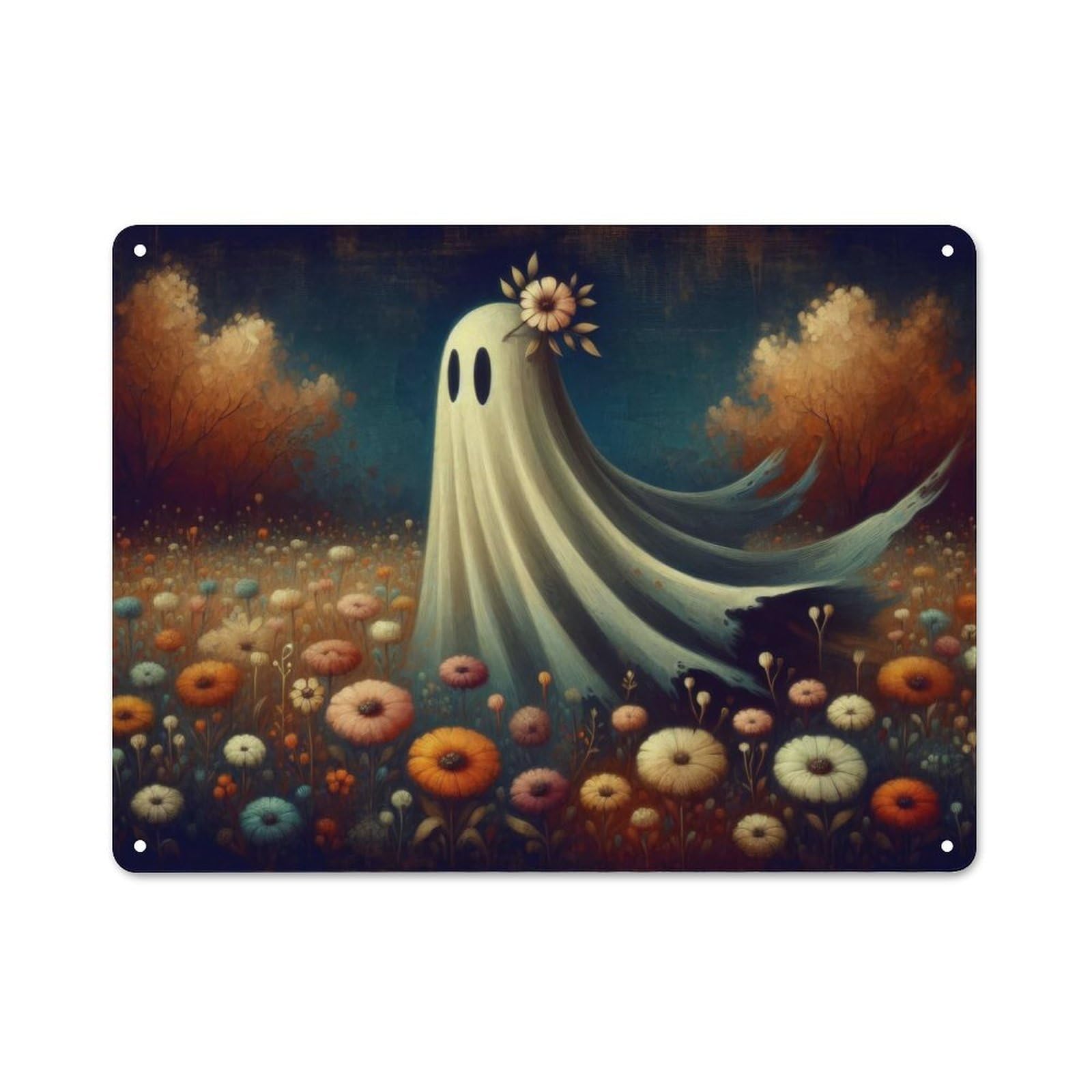 Junmoney Style-13 Cute Ghost In Flower Field Cottage Metal Wall Decor 30X40cm, Shed Metal Sign For Conservatory, Home Bar Or Utility Room
