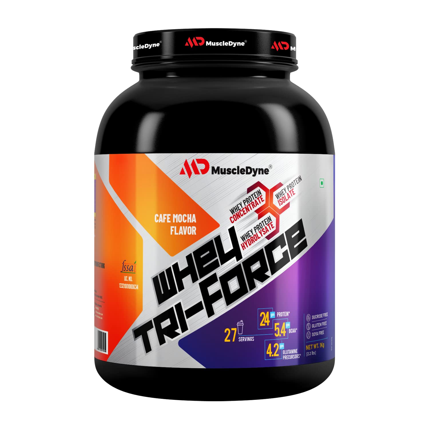 MuscleDyneTri-Force Blend Whey Protein 1 kg, Irish Chocolate| Blend of Whey Protein Concentrate, Whey Isolate, and Whey Hydrolysate | 24 g Protein Blend | 5.4 g BCAAs,4.2 g L-Glutamine, L-Arginine, Taurine, L-Leucine |