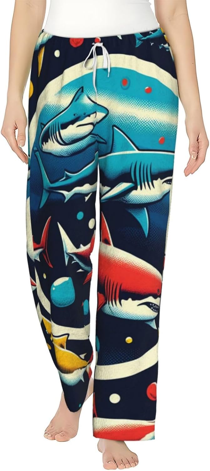 Women'S Colorful-Sharks-Sea Fleece Pajama Pants, Cozy Flannel Lounge Bottoms For Women