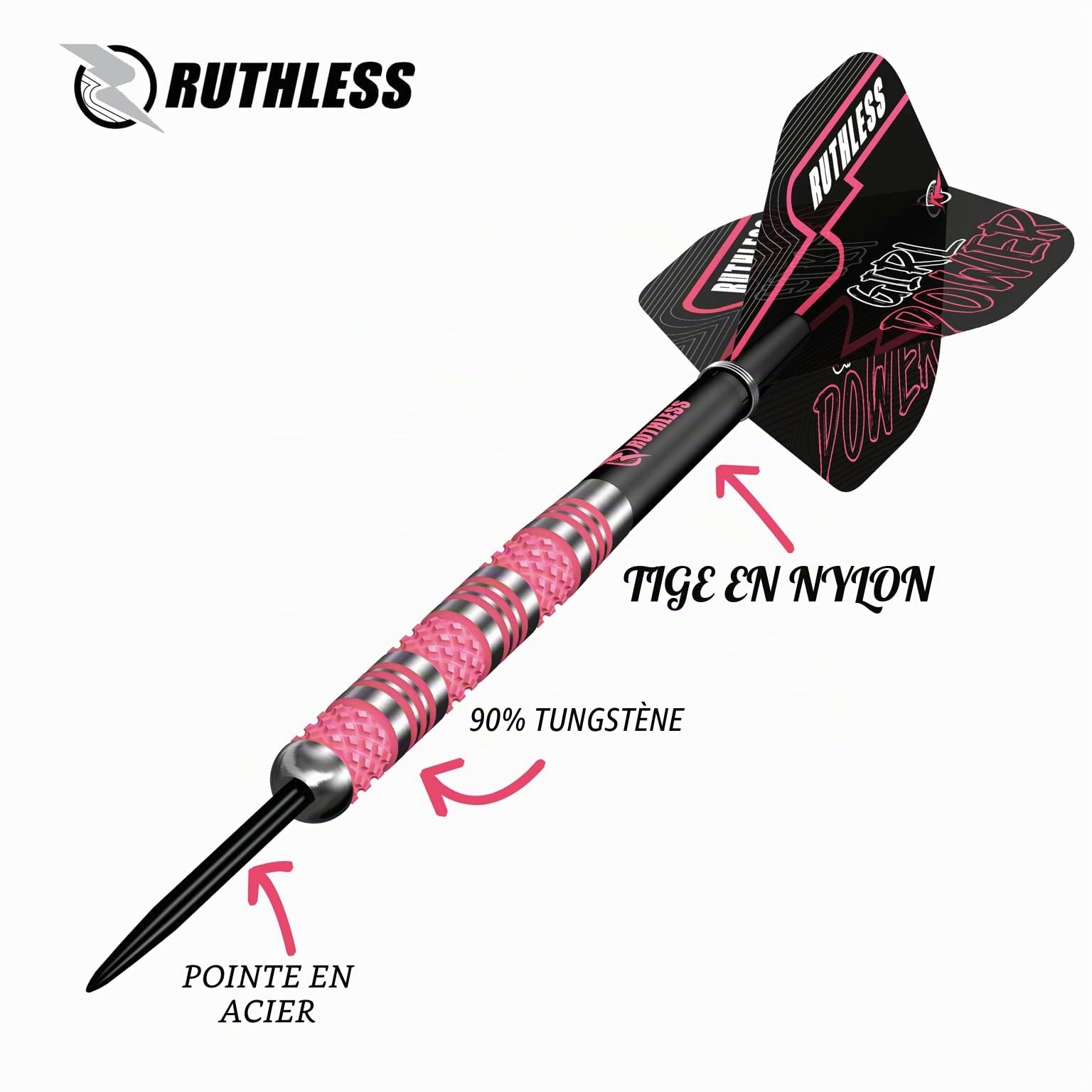 Ruthless Darts Girl Power Jeu de fléchettes 90 % tungstène avec pointe en acier moleté Rose